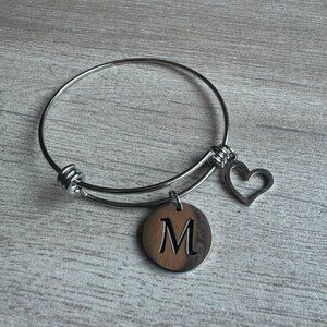 "M" initial adjustable bangle bracelet with heart charm